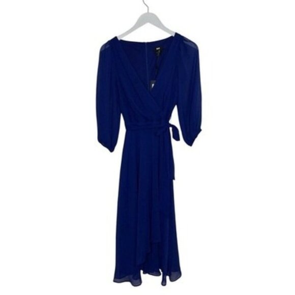 DKNY Cobalt Blue Belted Puff Sleeve Chiffon Dress Size 2 NWT - Picture 1 of 5